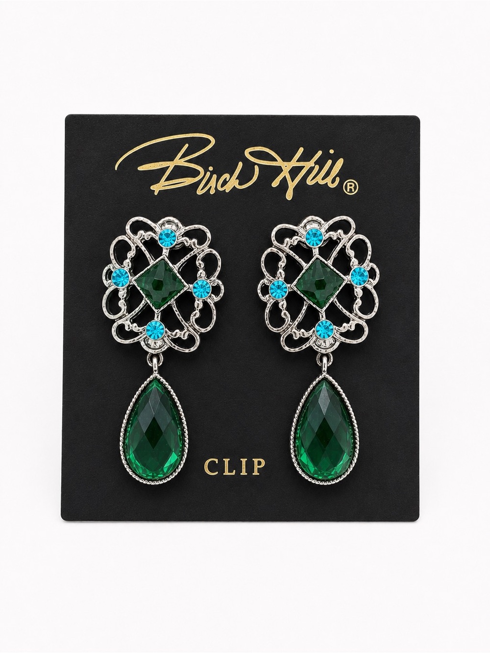 Vintage Emerald Green Rhinestone Clip-On Earrings Silver Tone Dangle Statement